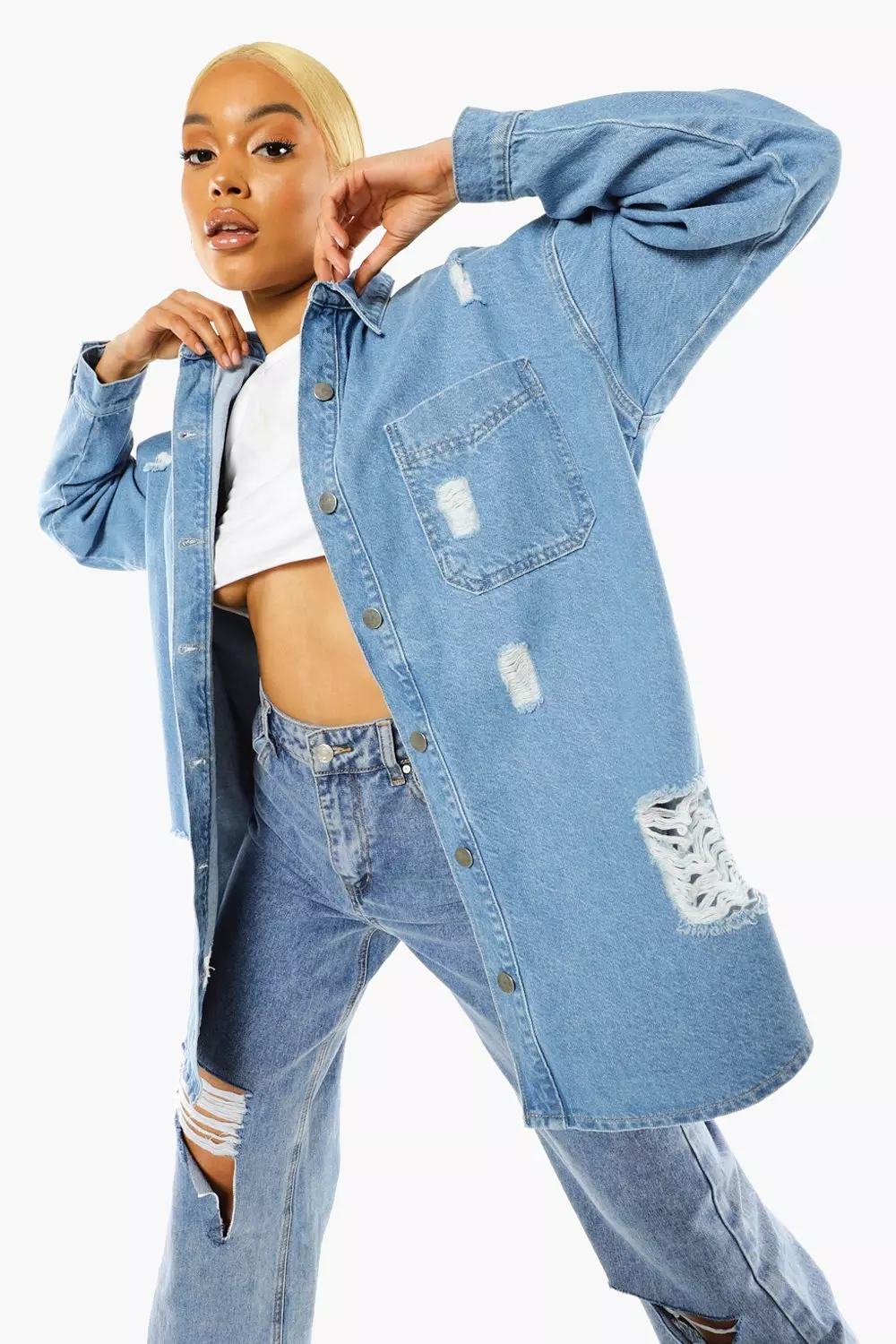 Distressed denim shirt shop